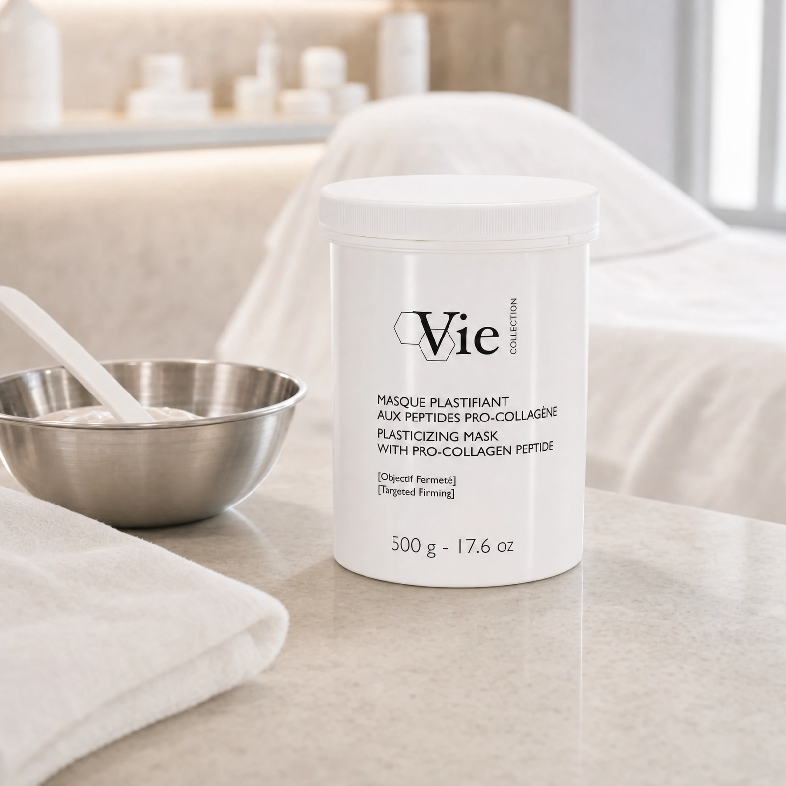 Vie Collection Plasticizing Mask with Pro-Collagen Peptide 500g displayed in a premium clinical treatment-room setting for professional firming and pro-collagen peel-off mask protocols.