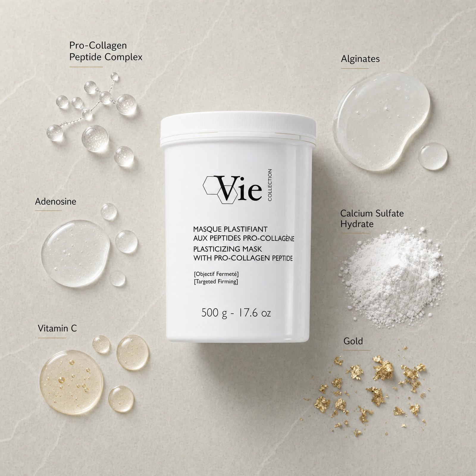 Vie Collection Plasticizing Mask with Pro-Collagen Peptide 500g ingredient flatlay with Pro-Collagen Peptide Complex, Adenosine, Alginates, Calcium Sulfate Hydrate, Vitamin C and Gold.