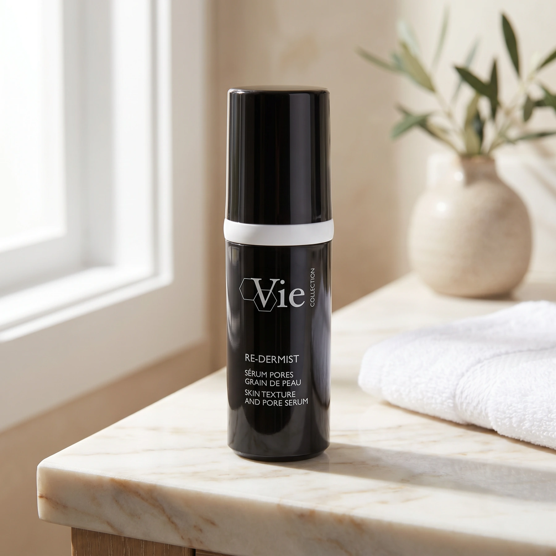 Vie Collection Re-Dermist Pore and Skin Texture Serum 30ml styled on a premium bathroom vanity for smoother, more refined-looking skin.