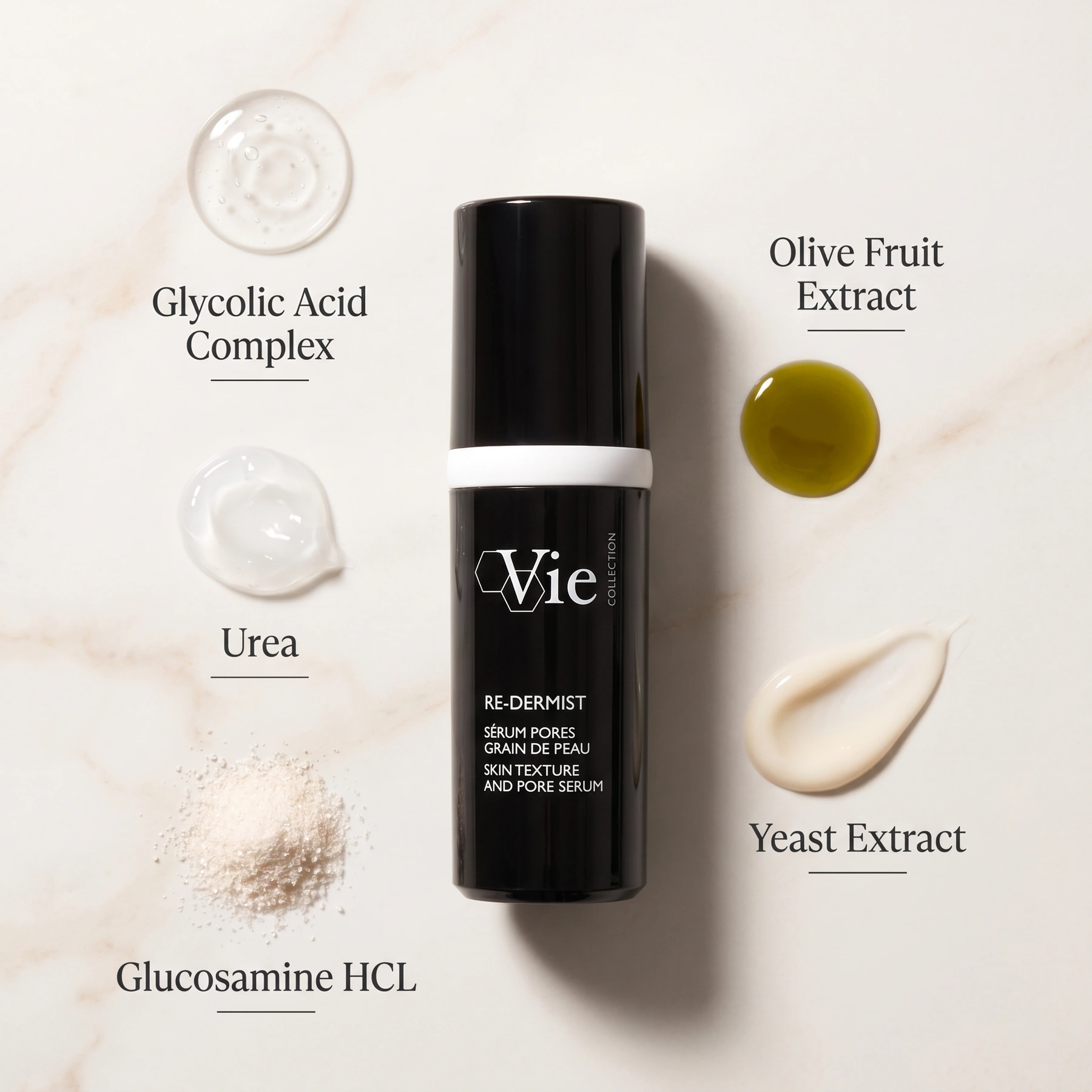 Vie Collection Re-Dermist Pore and Skin Texture Serum 30ml with Glycolic Acid Complex, Urea, Glucosamine HCL, Olive Fruit Extract and Yeast Extract.