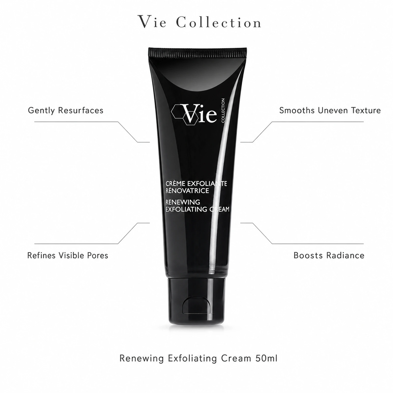 Vie Collection Renewing Exfoliating Cream 50ml with callouts for resurfacing, smoother texture, refined pores and radiance.