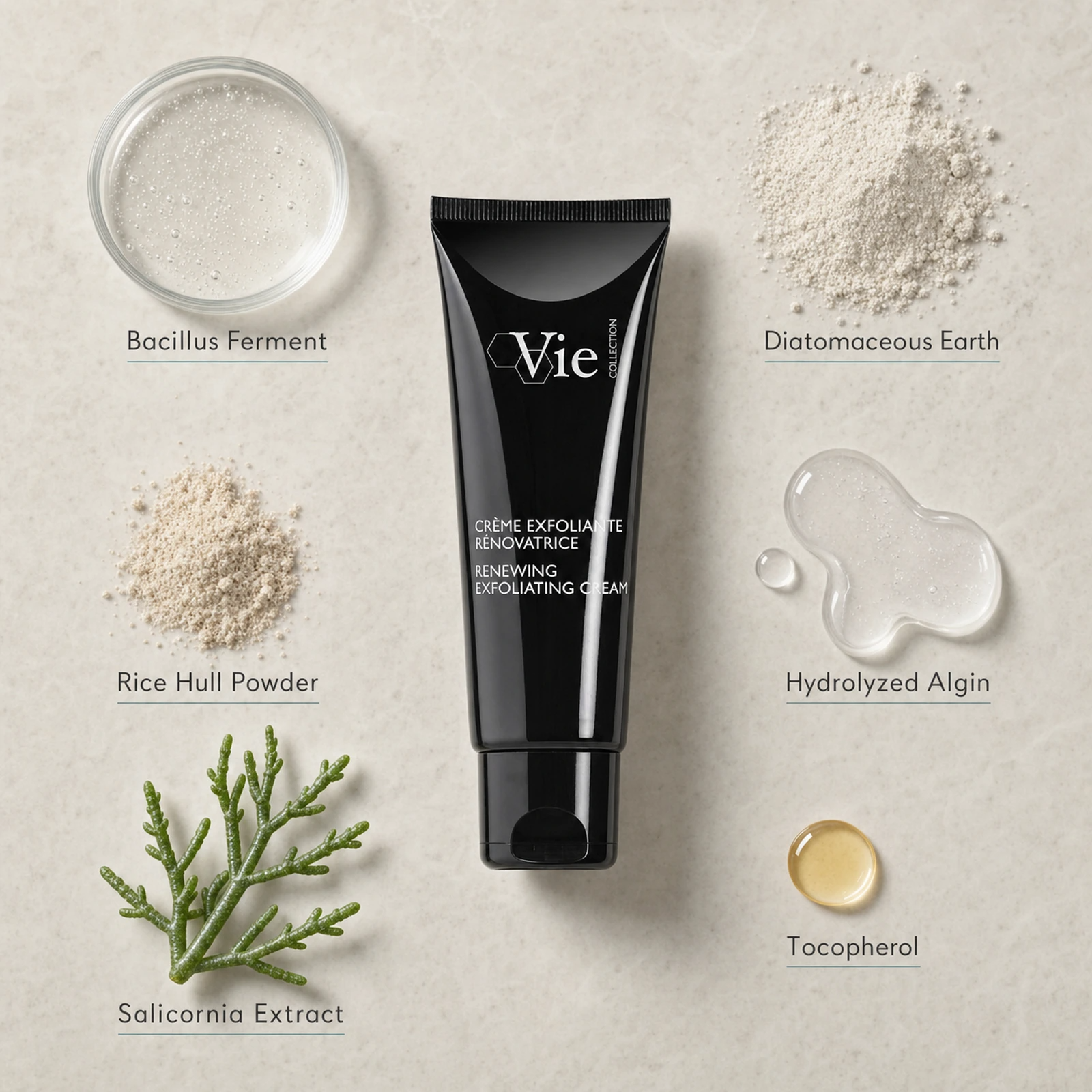 Vie Collection Renewing Exfoliating Cream 50ml with Bacillus Ferment, Diatomaceous Earth, Rice Hull Powder and supporting ingredients.