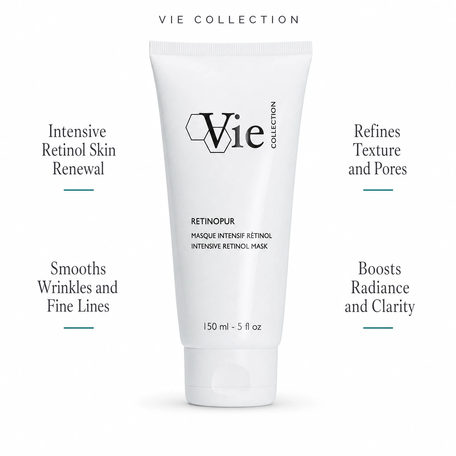 Vie Collection Retinopur Intensive Retinol Mask 150ml with four benefit callouts: Intensive Retinol Skin Renewal, Smooths Wrinkles and Fine Lines, Refines Texture and Pores, Boosts Radiance and Clarity