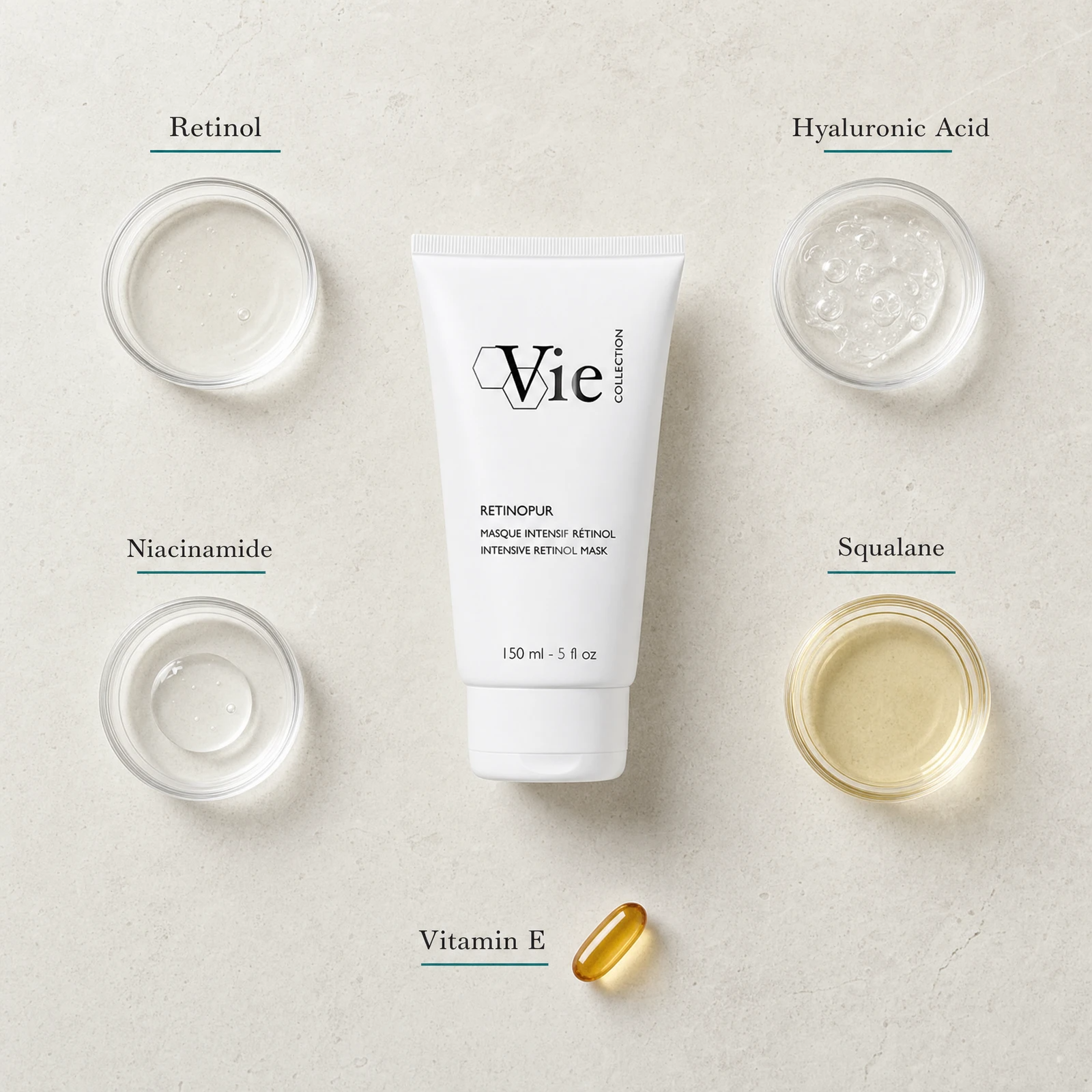 Vie Collection Retinopur Intensive Retinol Mask 150ml flatlay on limestone surface with Retinol, Hyaluronic Acid, Niacinamide, Squalane, and Vitamin E