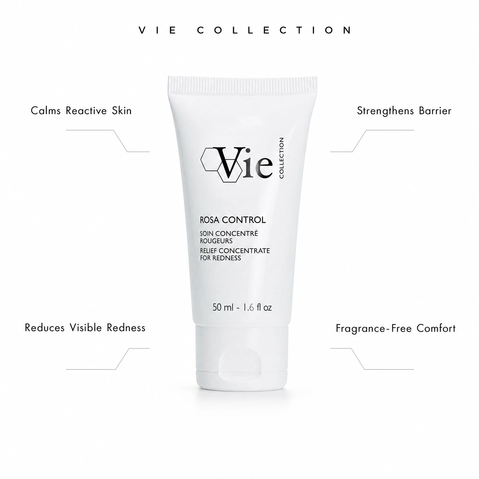 Vie Collection Rosa Control Relief Concentrate 50ml with professional benefit callouts for calming reactive skin, reducing visible redness, strengthening the skin barrier and fragrance-free comfort.