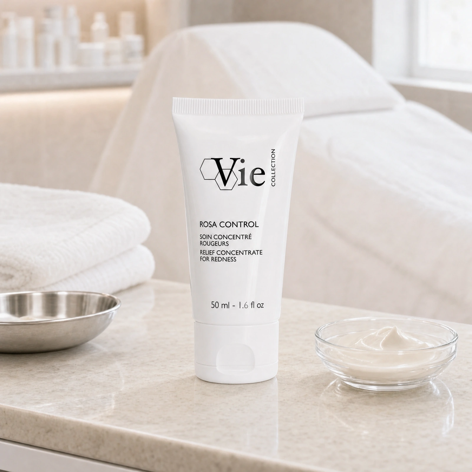 Vie Collection Rosa Control Relief Concentrate 50ml displayed in a premium clinical treatment-room setting for professional redness, rosacea-prone and reactive-skin protocols.