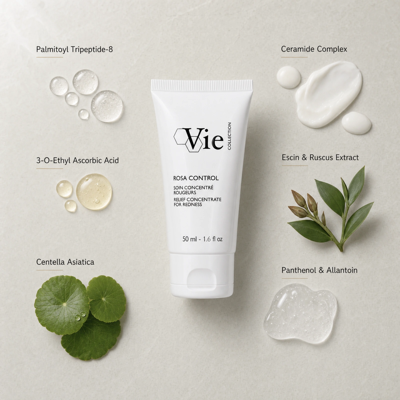 Vie Collection Rosa Control Relief Concentrate 50ml ingredient flatlay with Palmitoyl Tripeptide-8, Ceramide Complex, 3-O-Ethyl Ascorbic Acid, Escin and Ruscus Extract, Centella Asiatica, Panthenol and Allantoin.