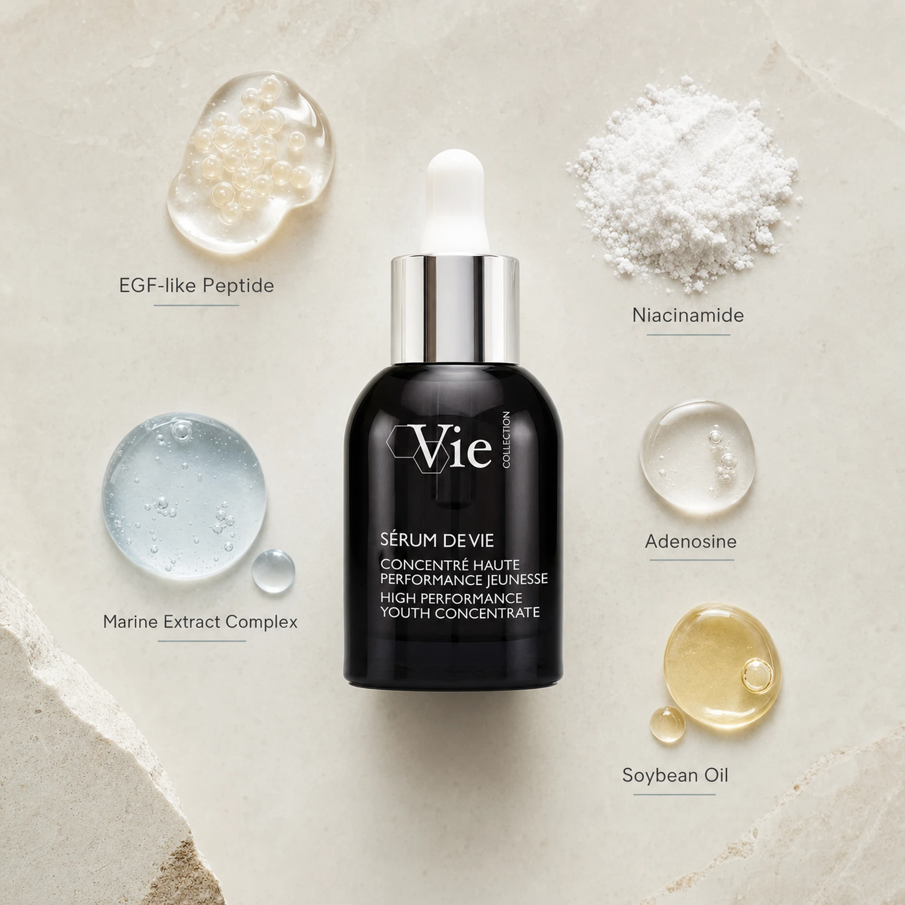 Vie Collection Serum De Vie High Performance Youth Concentrate 30ml with EGF-like Peptide, Niacinamide, Marine Extract Complex, Adenosine and Soybean Oil.