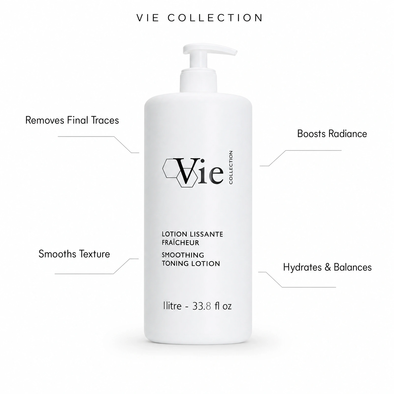 Vie Collection Smoothing Toning Lotion 1000ml with benefit callouts for removing final traces, smoothing texture, boosting radiance and hydrating balance.