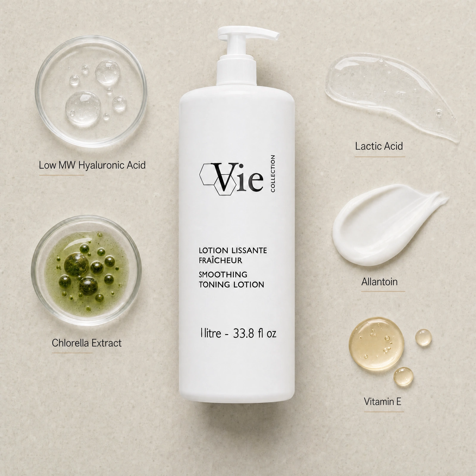 Vie Collection Smoothing Toning Lotion 1000ml ingredient flatlay with Low MW Hyaluronic Acid, Lactic Acid, Allantoin, Chlorella Extract and Vitamin E.