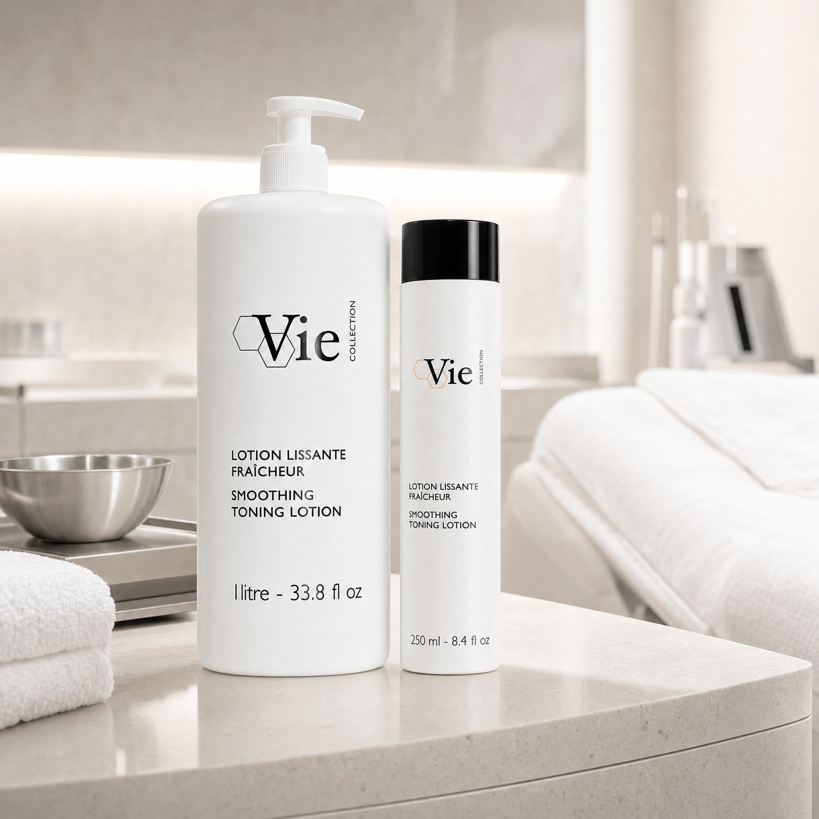 Vie Collection Smoothing Toning Lotion 1000ml professional bottle and 250ml retail bottle displayed in a premium clinical treatment-room setting for BCP skin professionals.