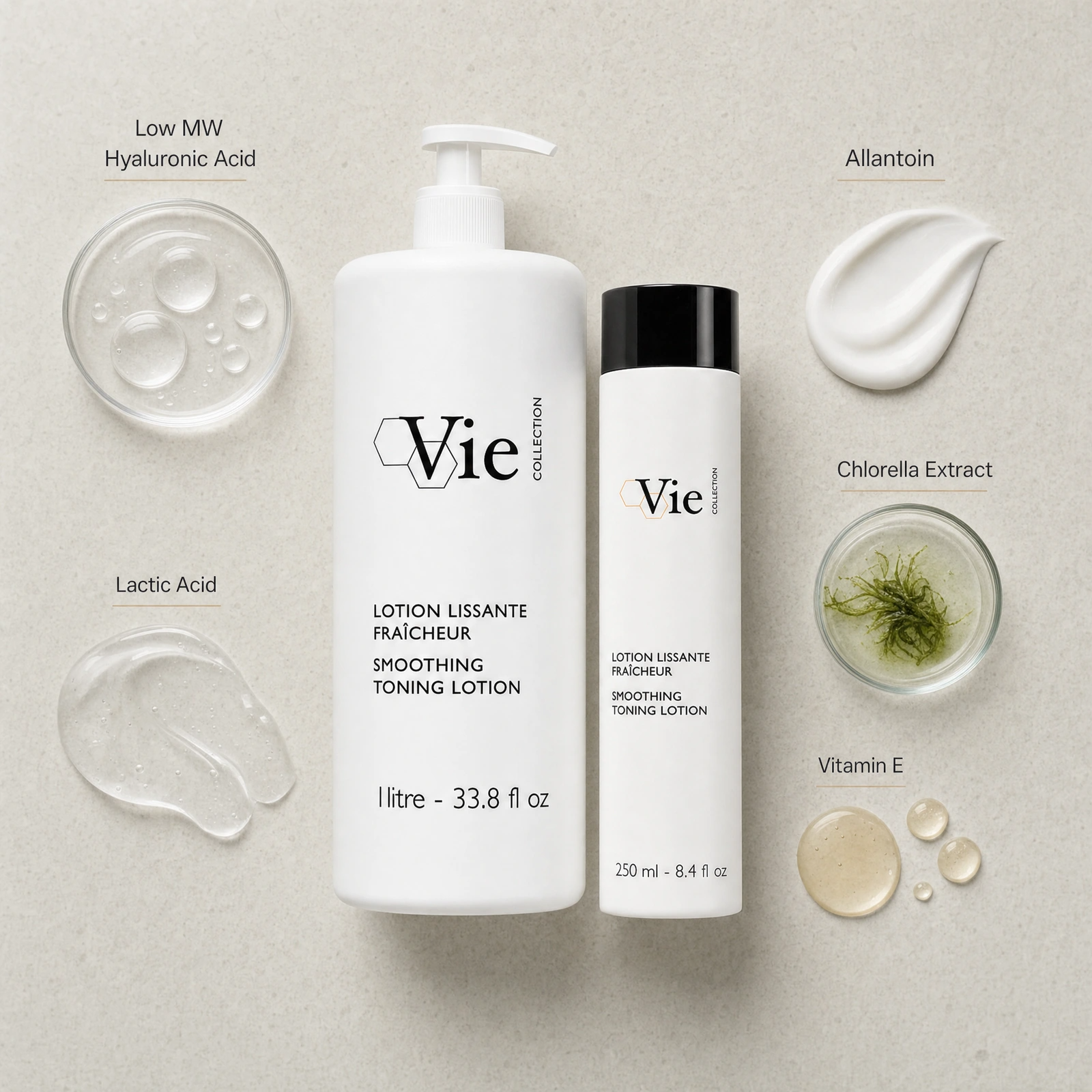 Vie Collection Smoothing Toning Lotion retail and professional duo ingredient flatlay with Low MW Hyaluronic Acid, Lactic Acid, Allantoin, Chlorella Extract and Vitamin E.