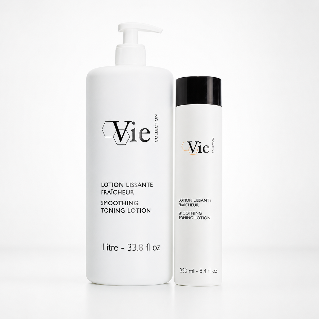 Vie Collection Smoothing Toning Lotion retail and professional variant image showing the 250ml retail bottle and 1 litre professional pump bottle together on a clean white background.