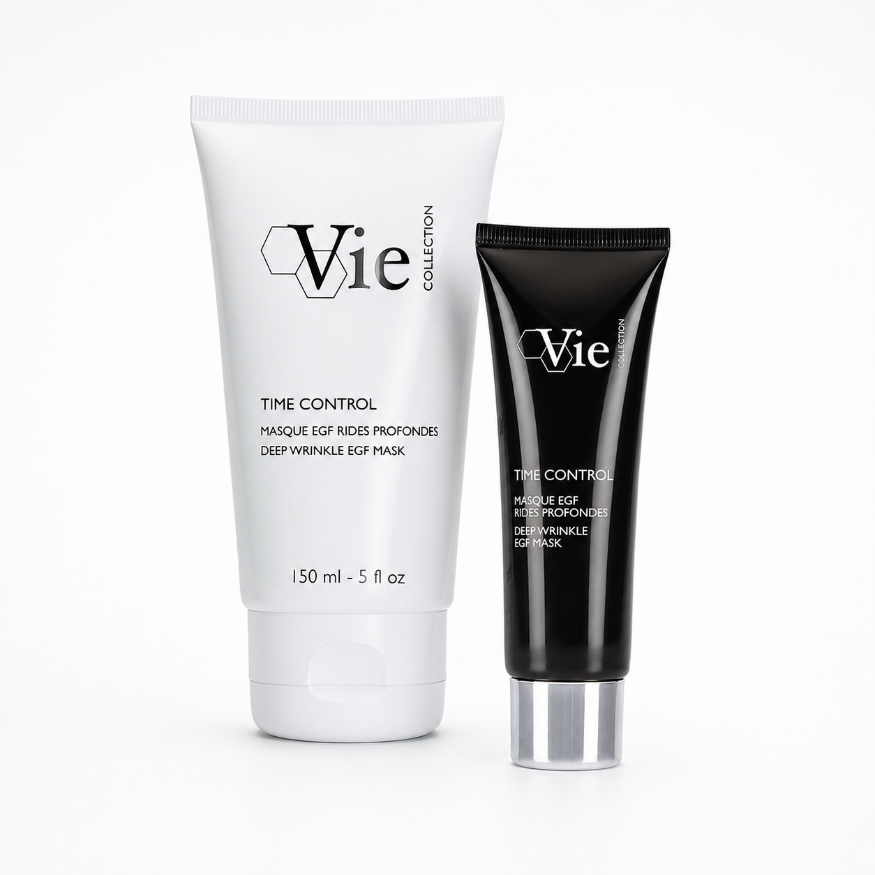 Vie Collection Time Control Deep Wrinkle EGF Mask retail and professional variant image showing the black retail tube and white 150ml professional tube together on a clean white background.