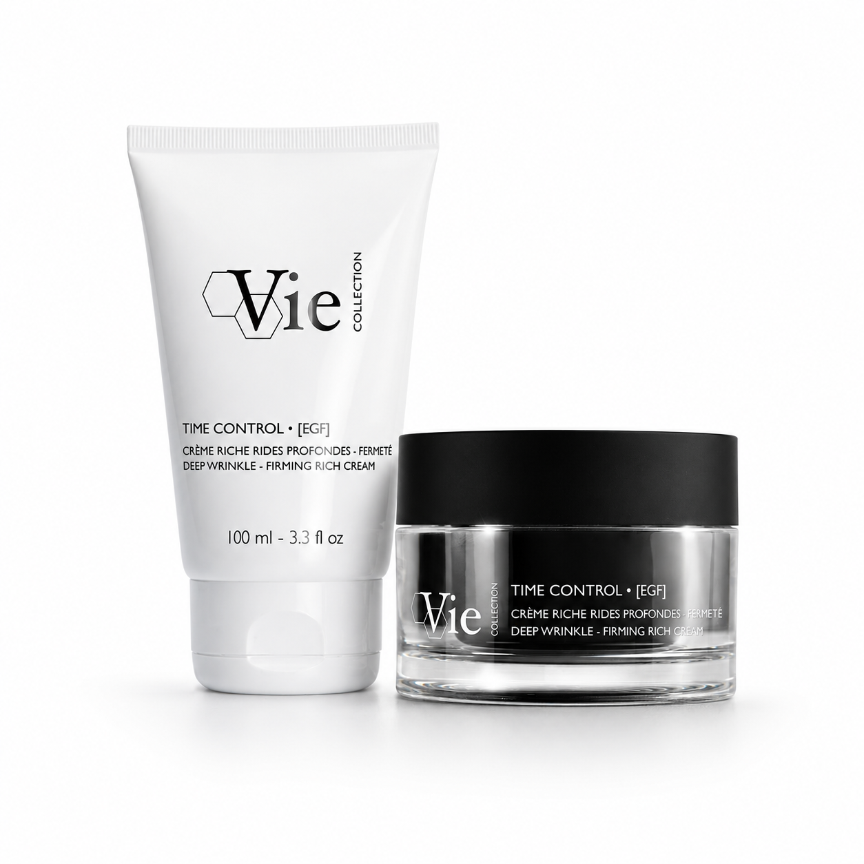 Vie Collection Time Control Deep Wrinkle Firming Rich Cream retail and professional variant image showing the black retail jar and white 100ml professional tube together on a clean white background.