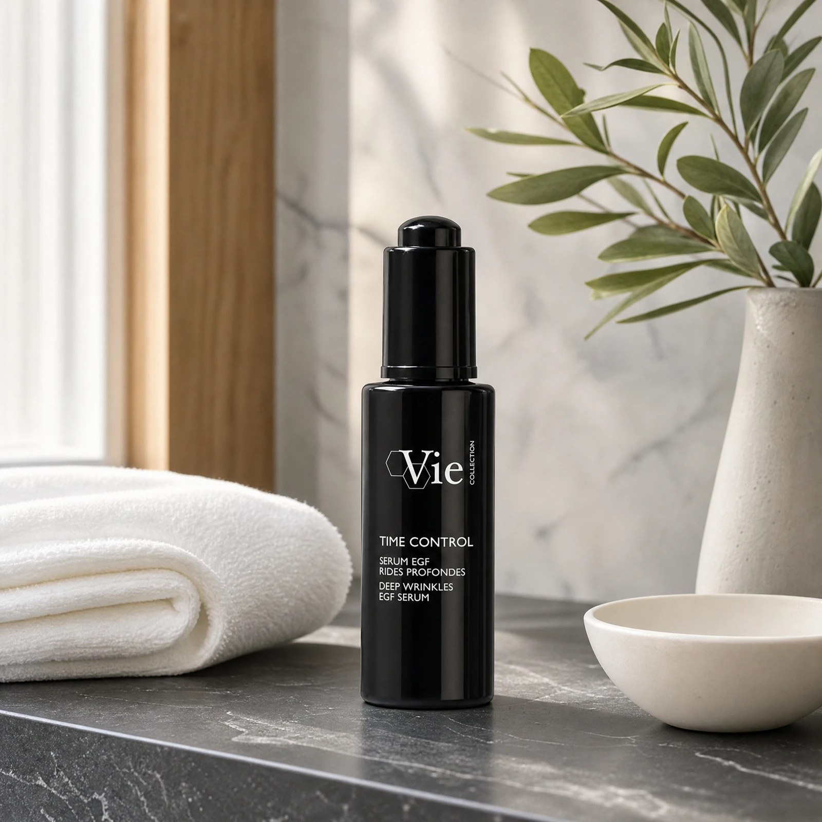 Vie Collection Time Control Deep Wrinkles EGF Serum 30ml premium matte-black bottle styled on a dark marble vanity with white towels and greenery for Beauty Collective consumer retail.