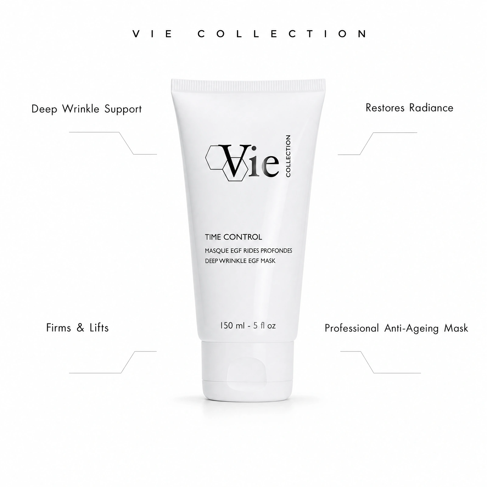 Vie Collection Time Control EGF Deep Wrinkle Mask 150ml with professional benefit callouts for deep wrinkle support, firming and lifting, radiance restoration and professional anti-ageing mask protocols.