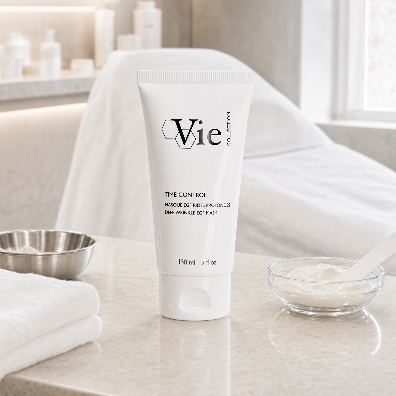 Vie Collection Time Control EGF Deep Wrinkle Mask 150ml displayed in a premium clinical treatment-room setting for professional deep wrinkle, firming and anti-ageing mask protocols.