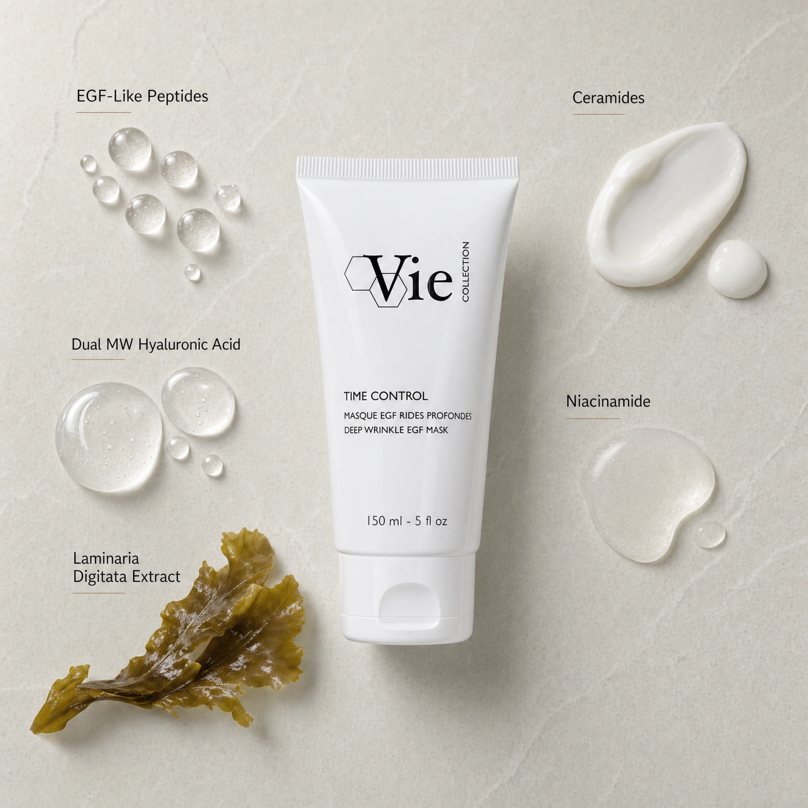 Vie Collection Time Control EGF Deep Wrinkle Mask 150ml ingredient flatlay with EGF-Like Peptides, Dual MW Hyaluronic Acid, Ceramides, Niacinamide and Laminaria Digitata Extract.