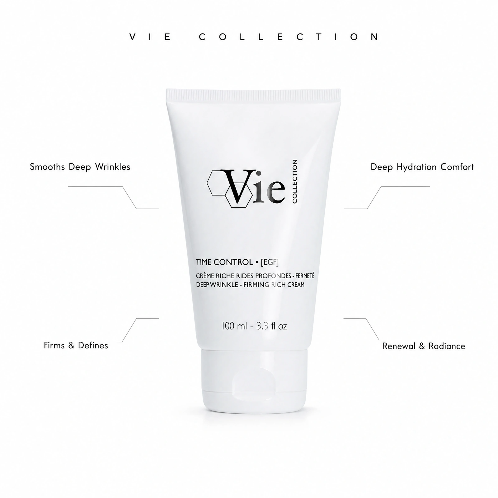 Vie Collection Time Control EGF Deep Wrinkles Firming Rich Cream 100ml with professional benefit callouts for smoothing deep wrinkles, firming and defining, deep hydration comfort, and renewal with radiance.
