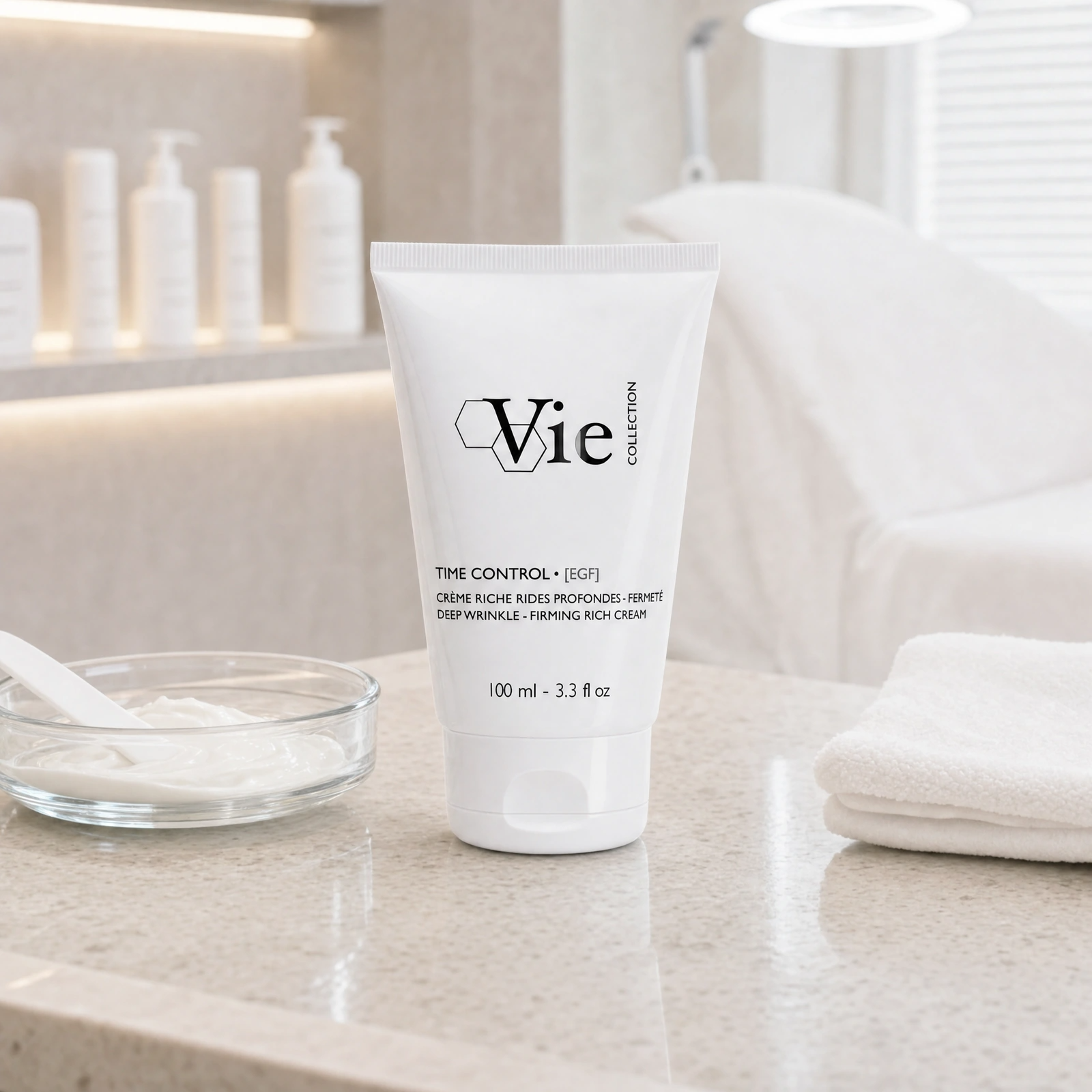 Vie Collection Time Control EGF Deep Wrinkles Firming Rich Cream 100ml displayed in a premium clinical treatment-room setting for professional deep wrinkle, firming and rich cream anti-ageing protocols.