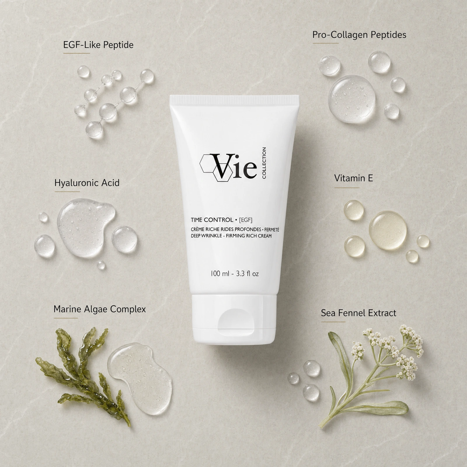 Vie Collection Time Control EGF Deep Wrinkles Firming Rich Cream 100ml ingredient flatlay with EGF-Like Peptide, Pro-Collagen Peptides, Hyaluronic Acid, Vitamin E, Marine Algae Complex and Sea Fennel Extract.