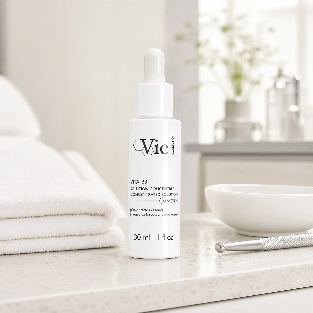 Vie Collection Vita B3 Concentrated Solution 30ml professional all-white dropper bottle styled in a serene clinical spa treatment room for Beauty Collective Pro.