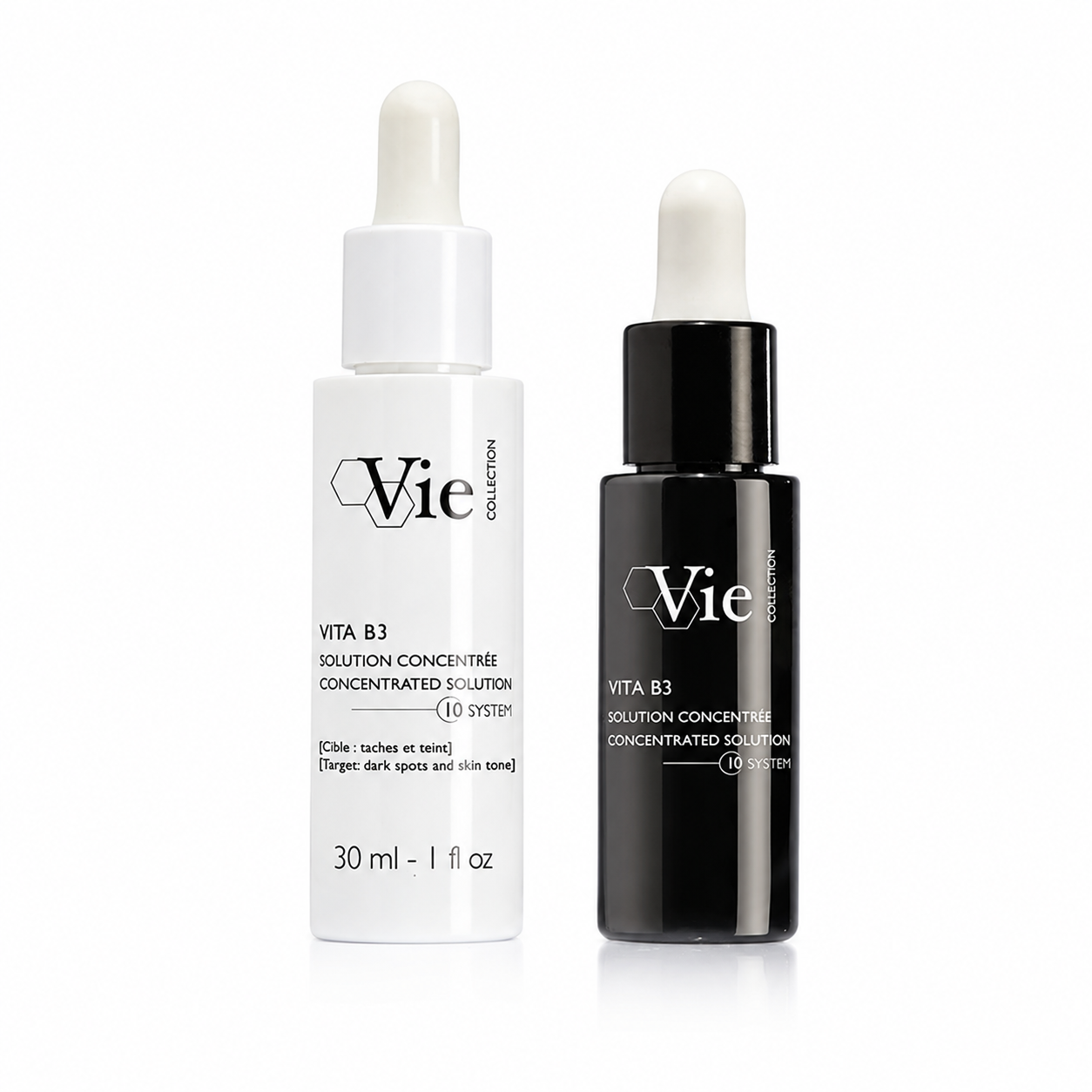 Vie Collection Vita B3 Concentrated Solution duo showing the 30 ml professional serum and 15 ml retail serum side by side for targeted dark spots and uneven skin tone.