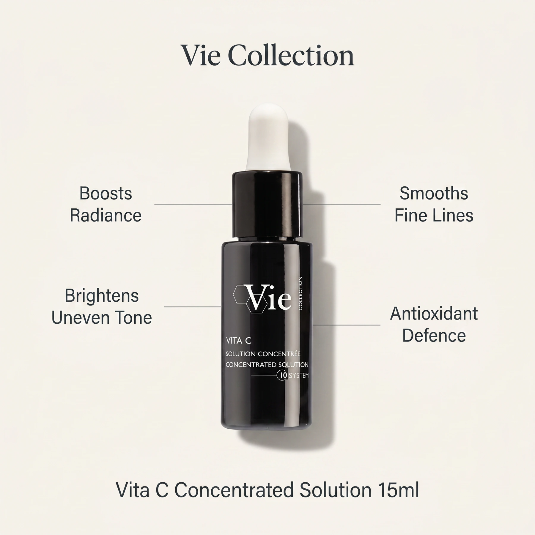 Vie Collection Vita C Concentrated Solution 15ml with 3-O-Ethyl Ascorbic Acid, Dipropylene Glycol, Citric Acid and Sodium Citrate.