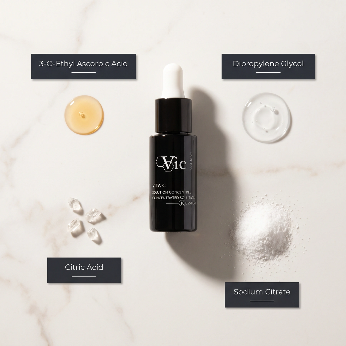 Vie Collection Vita C Concentrated Solution 15ml with callouts for radiance, brighter tone, smoother fine lines and antioxidant defence.