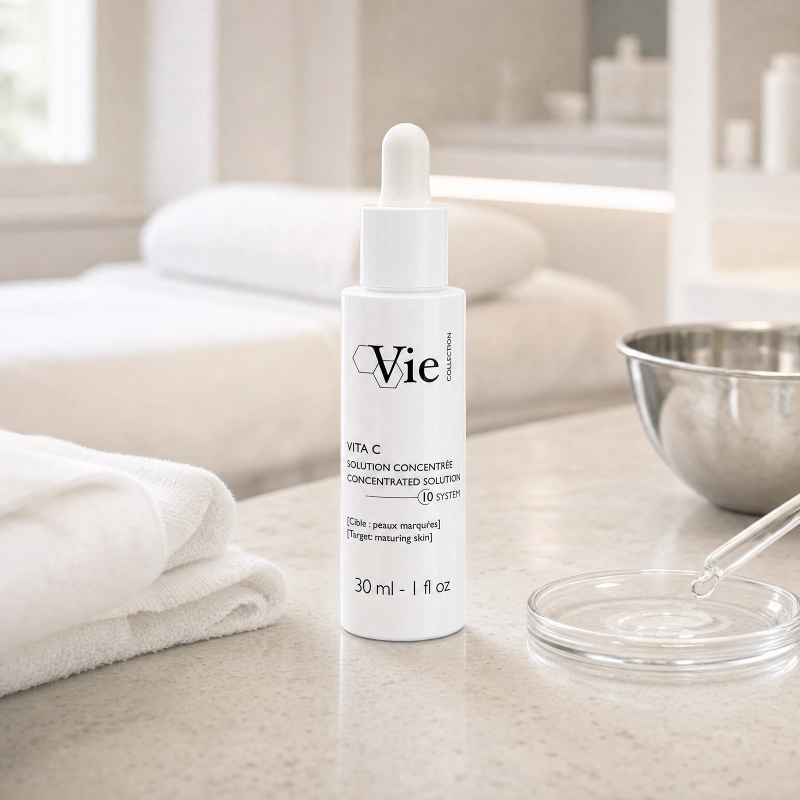 Vie Collection Vita C Concentrated Solution 30ml displayed in a premium clinical treatment-room setting for professional brightening and radiance treatments.