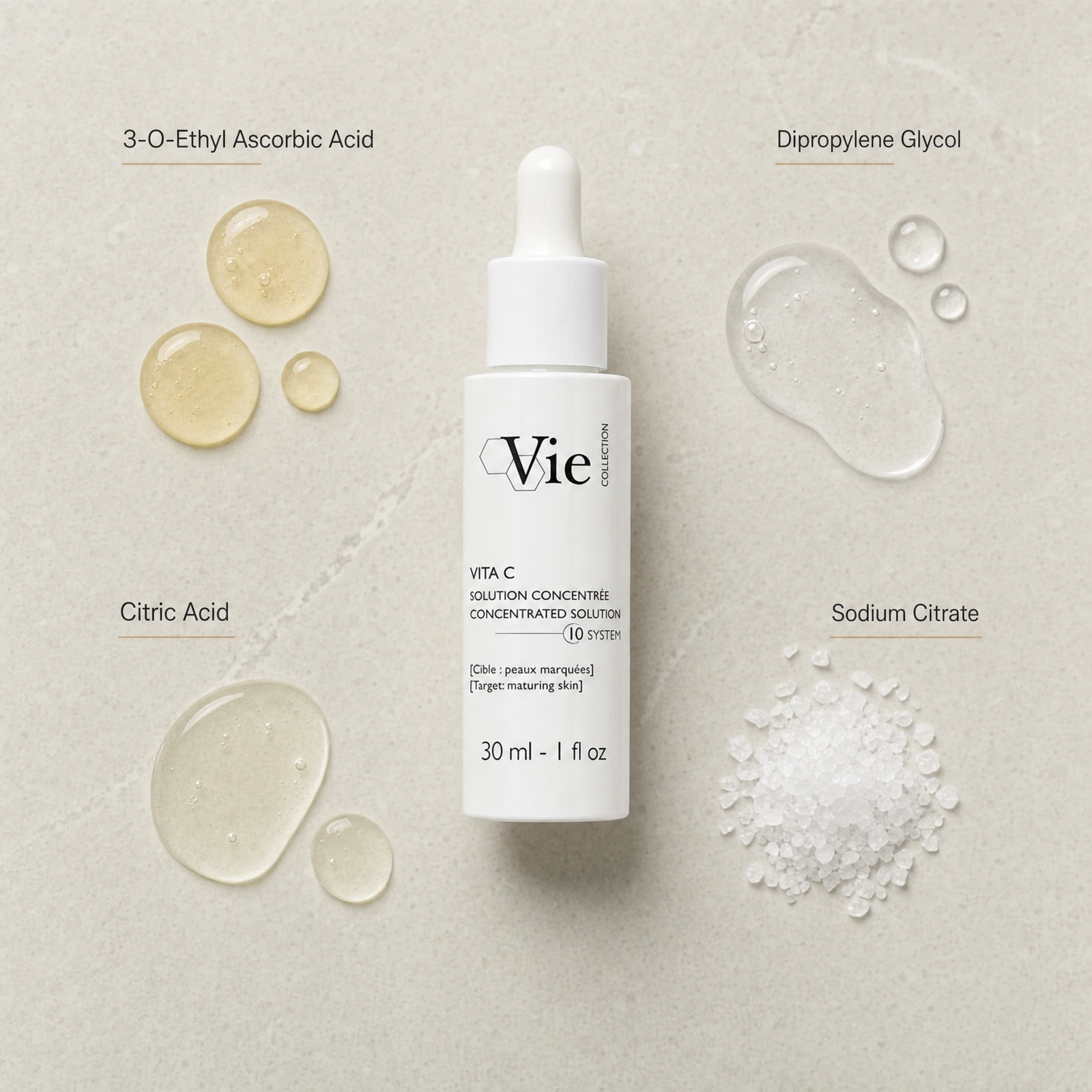 Vie Collection Vita C Concentrated Solution 30ml ingredient flatlay with 3-O-Ethyl Ascorbic Acid, Dipropylene Glycol, Citric Acid and Sodium Citrate.