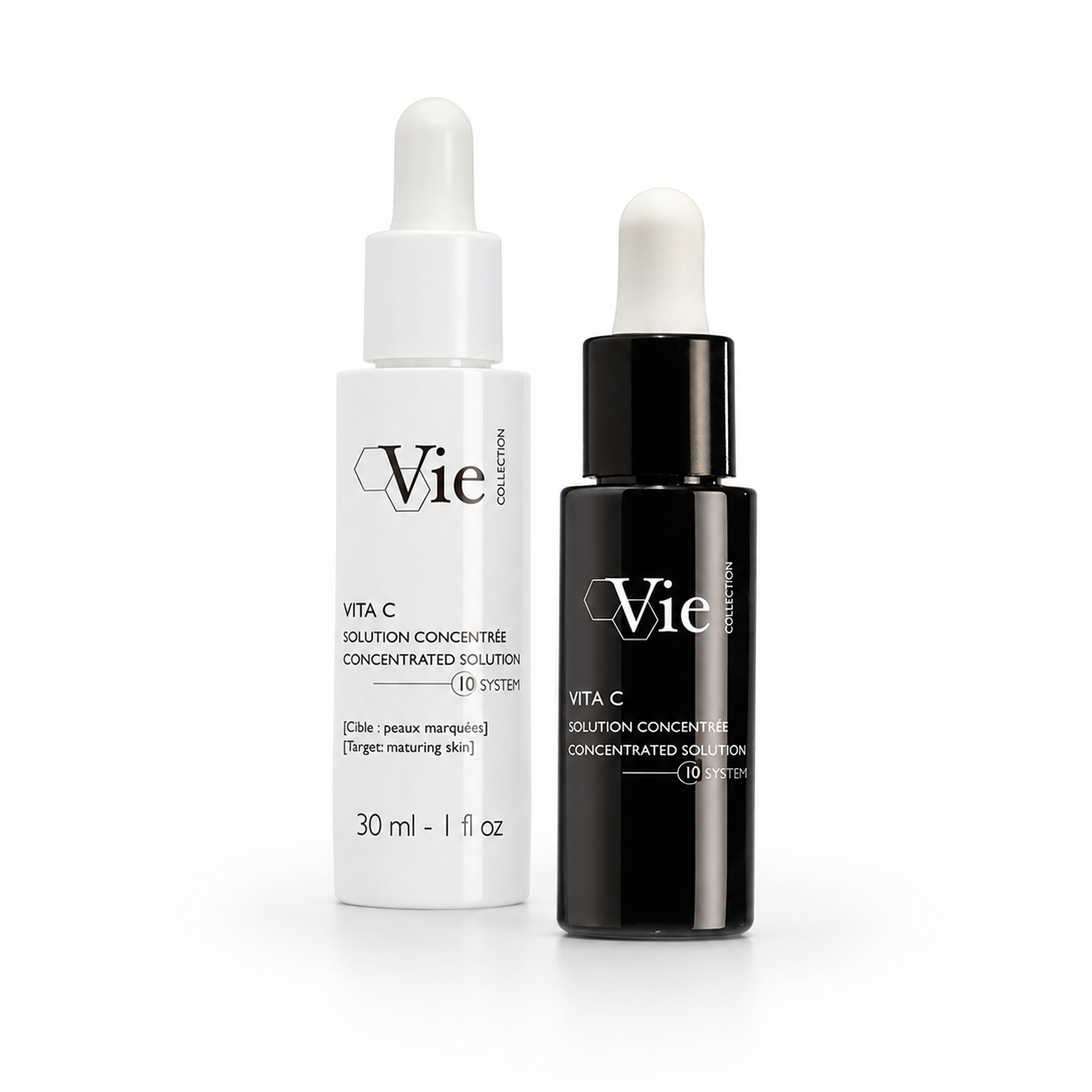 Vie Collection Vita C Concentrated Solution retail and professional variant image showing the black retail dropper bottle and white 30ml professional dropper bottle together on a clean white background.