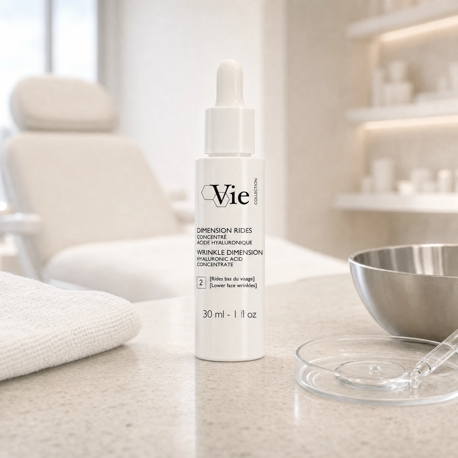 Vie Collection Wrinkle Dimension Hyaluronic Acid Concentrate 30ml displayed in a premium clinical treatment-room setting for professional hydration, lower face wrinkle and barrier-support treatments.