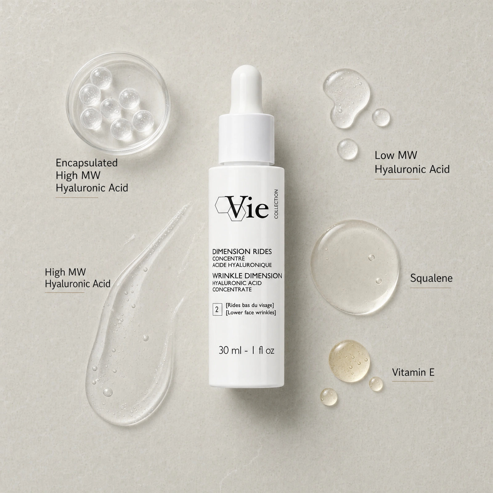 Vie Collection Wrinkle Dimension Hyaluronic Acid Concentrate 30ml ingredient flatlay with Encapsulated High MW Hyaluronic Acid, Low MW Hyaluronic Acid, High MW Hyaluronic Acid, Squalene and Vitamin E.