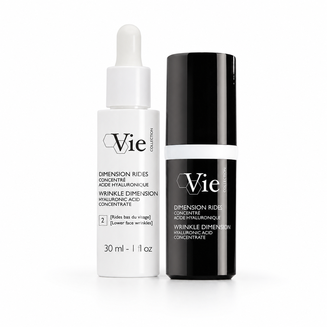 Vie Collection Wrinkle Dimension Hyaluronic Acid Concentrate retail and professional variant image showing the black retail bottle and white 30ml professional dropper bottle together on a clean white background.