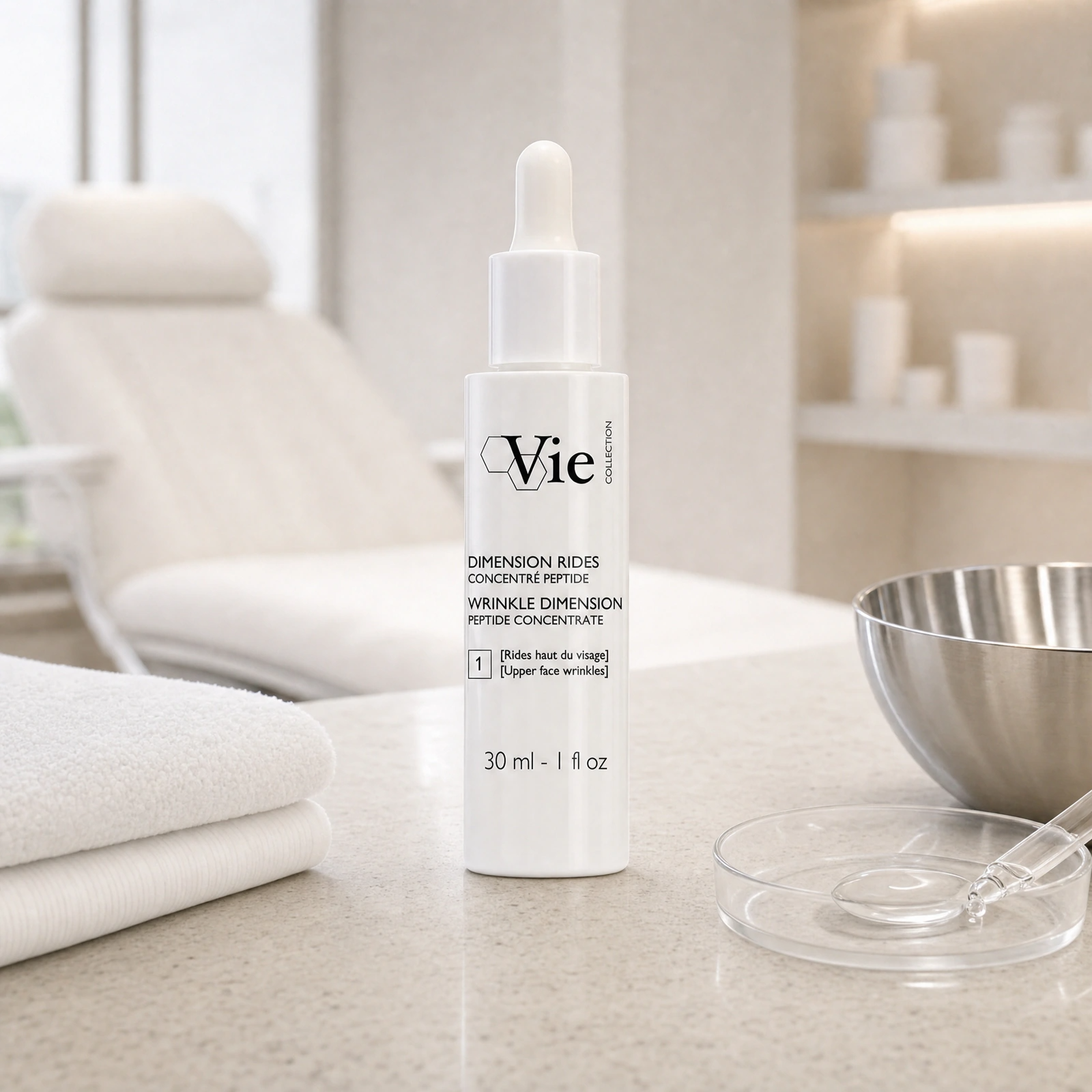 Vie Collection Wrinkle Dimension Peptide Concentrate 30ml displayed in a premium clinical treatment-room setting for professional wrinkle-targeting and anti-ageing treatments.