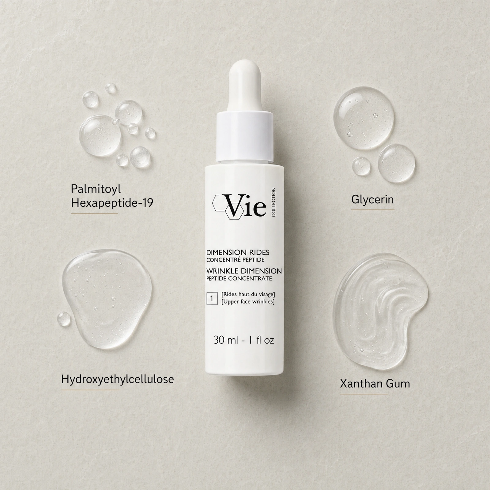 Vie Collection Wrinkle Dimension Peptide Concentrate 30ml ingredient flatlay with Palmitoyl Hexapeptide-19, Glycerin, Hydroxyethylcellulose and Xanthan Gum.