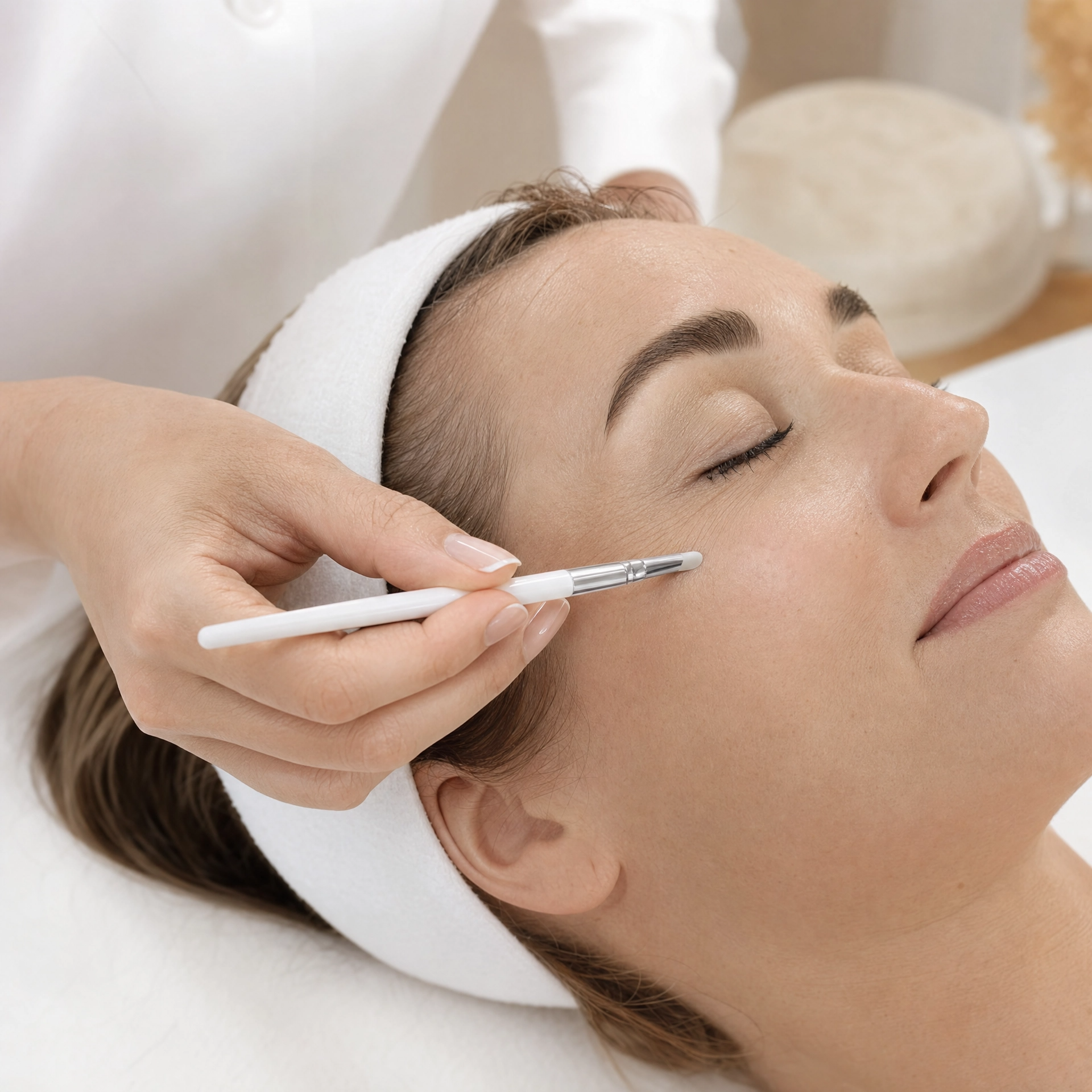 Therapist using Vie Collection Wrinkles Corrective Brush around a client’s crow’s-feet area during a professional facial treatment