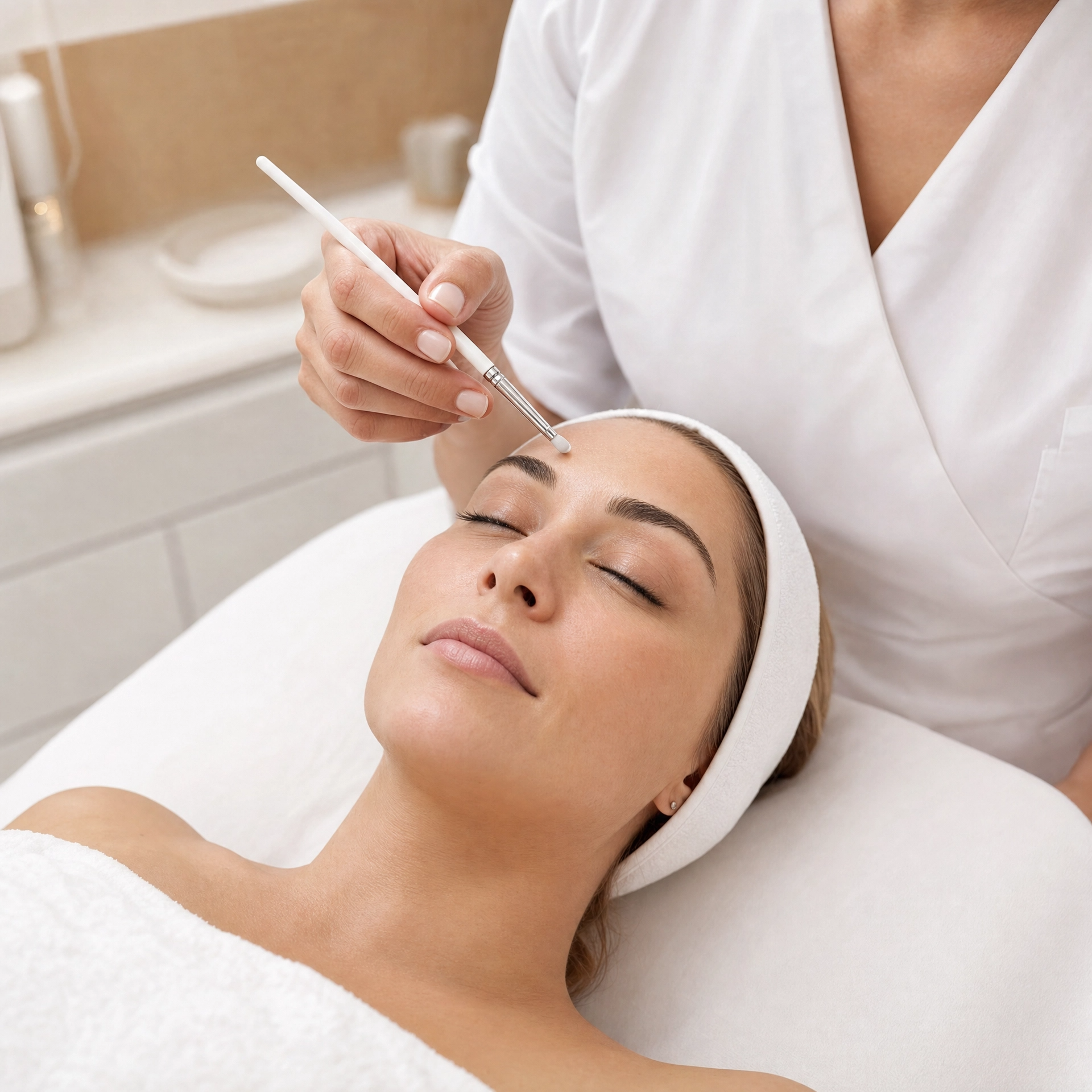 Therapist using Vie Collection Wrinkles Corrective Brush on a client’s forehead during upper-face Mechanical Dermostimulation