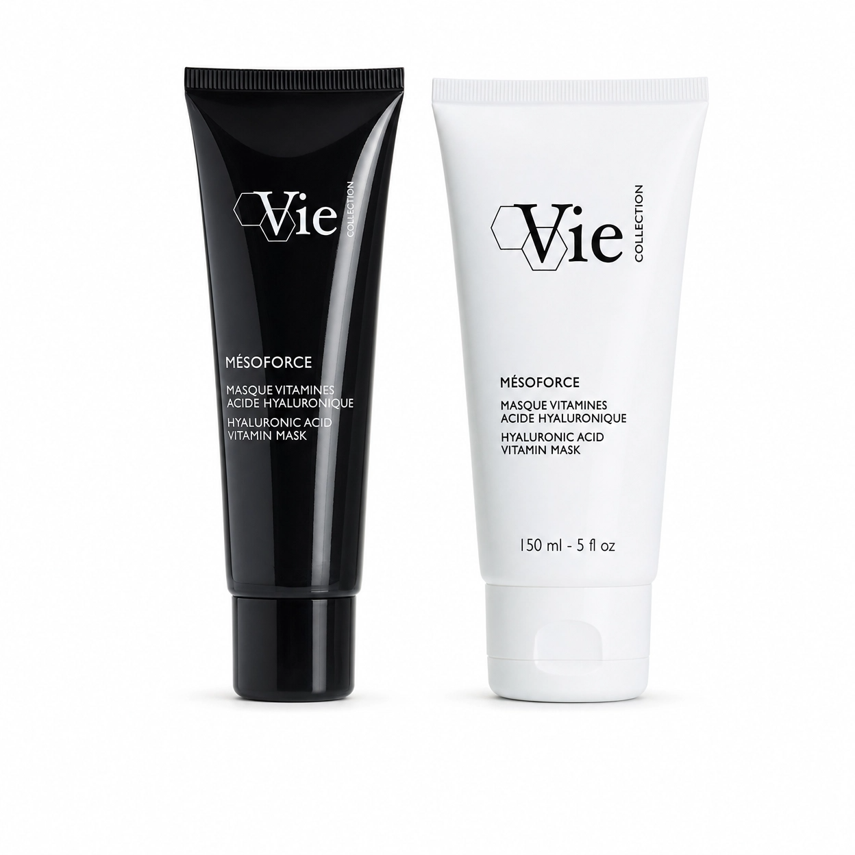 Vie Collection Mésforce Hyaluronic Acid Vitamin Mask shown as a duo image with black and white tubes side by side on a clean plain background.