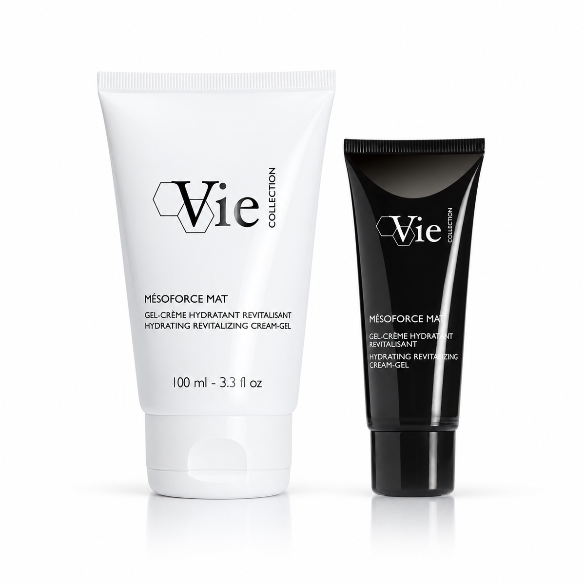 Vie Collection Mesoforce Mat Hydrating Revitalizing Cream-Gel 100ml professional and 50ml retail tubes together on a clean white background
