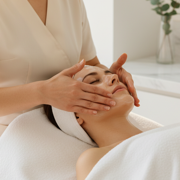 Person receiving a facial massage in a serene setting
